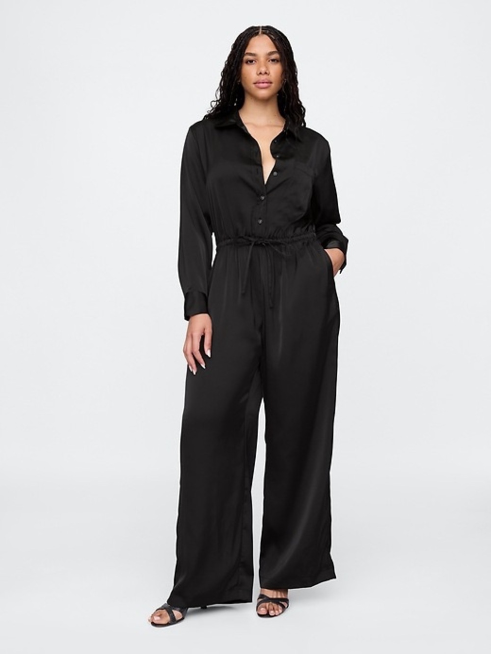 GAP Women's Black Long-Sleeve Satin Jumpsuit